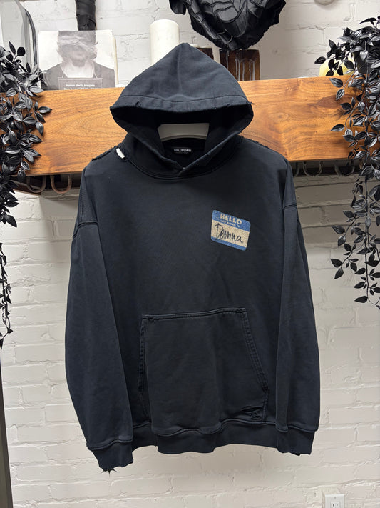 2020 Balenciaga ‘Nametag’ Distressed Black Pullover Hoodie