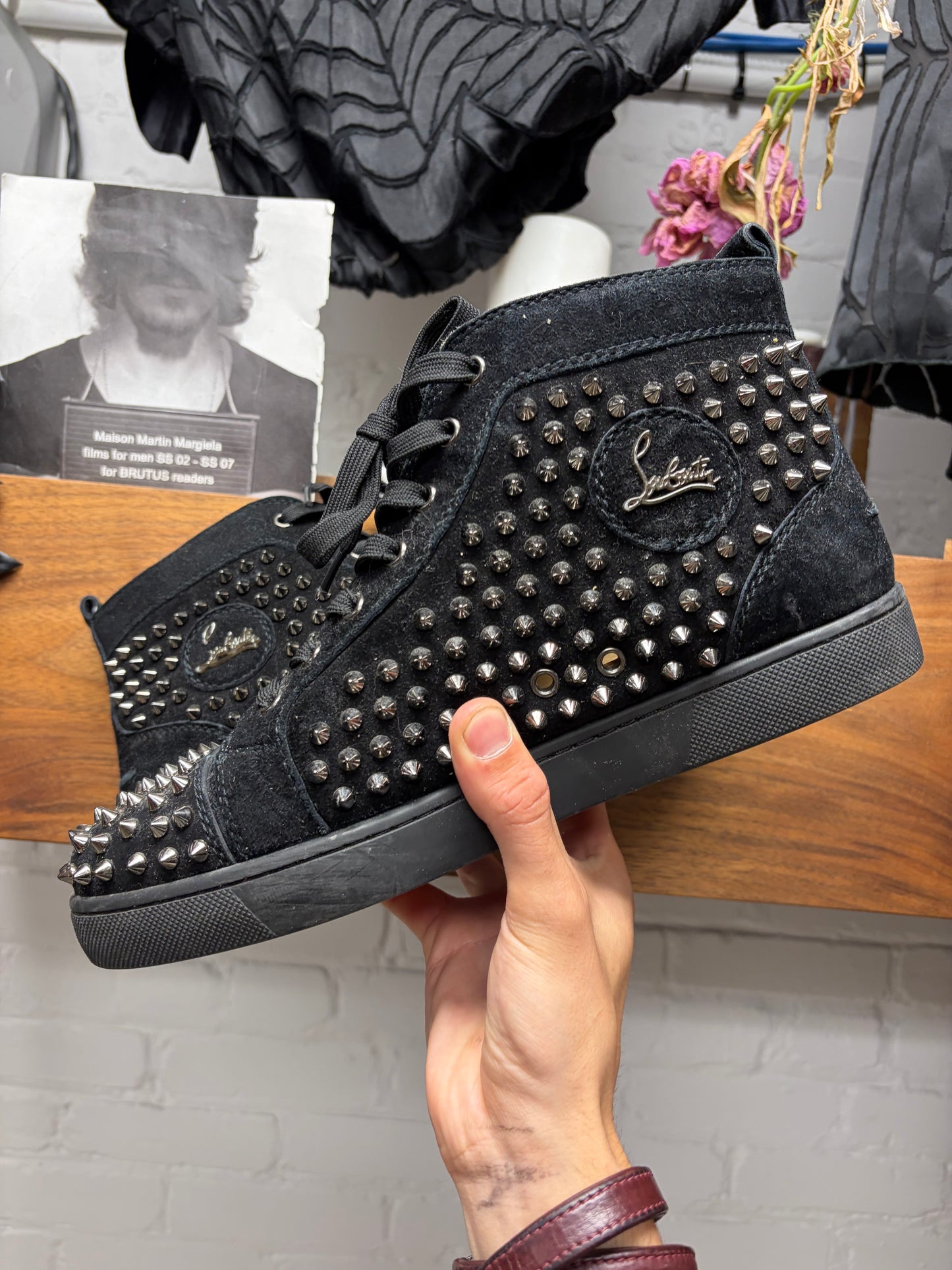 Christian Louboutin ‘Junior Spikes’ Black High Top Red Bottom Sneakers