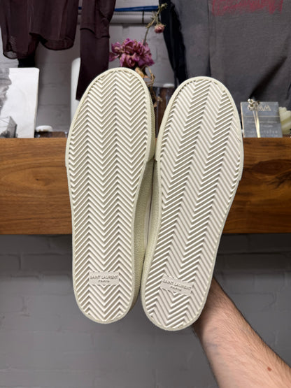2017 Saint Laurent ‘Yeah Baby’ Cursive Embroidered Studded Leather/ White Canvas Low Top Sneakers