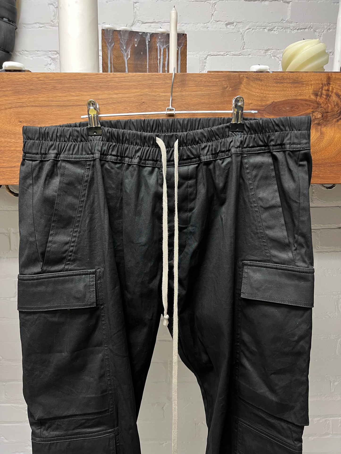 SS2024 Rick Owens ‘Lido’ Waxed Black Cargo Pants