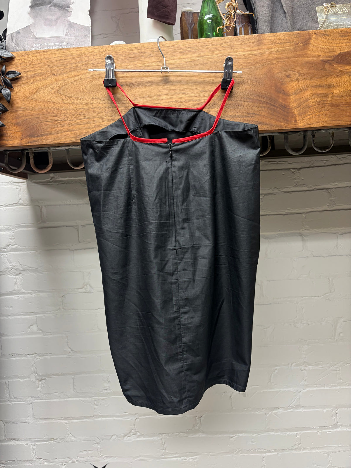 Vintage Helmut Lang Black Nylon Midi Skirt with Red Waistline Cut-Outs