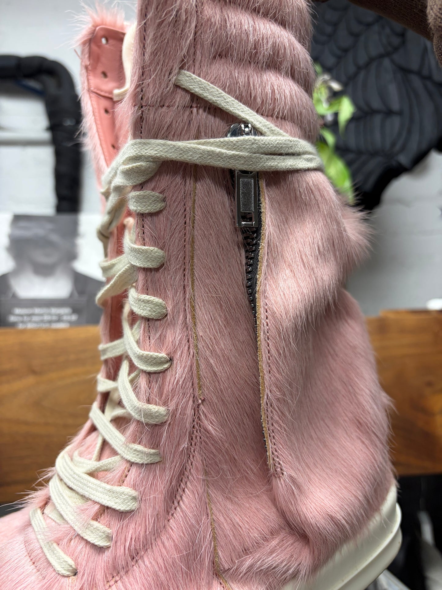 Rick Owens Pink Pony-Hair/Milk ‘Cargobasket’ High Top Sneakers