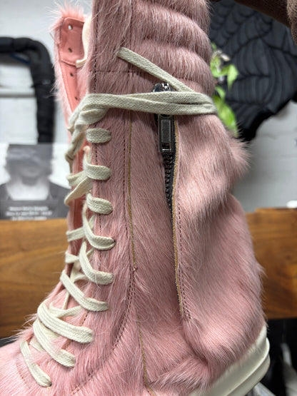 Rick Owens Pink Pony-Hair/Milk ‘Cargobasket’ High Top Sneakers