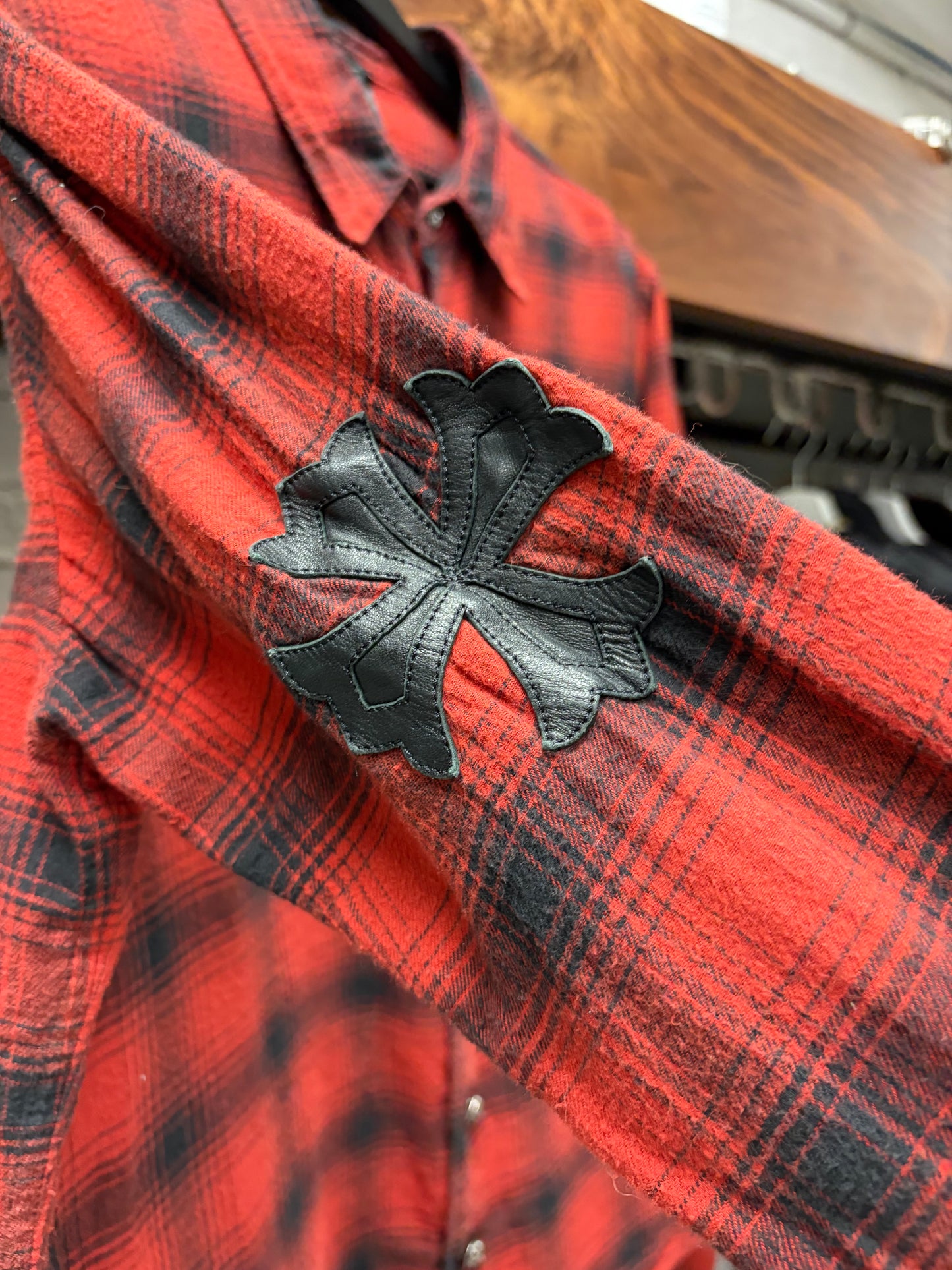 Chrome Hearts ‘Plus Cross’ Leather Patch Shadow Red/Black Plaid Flannel