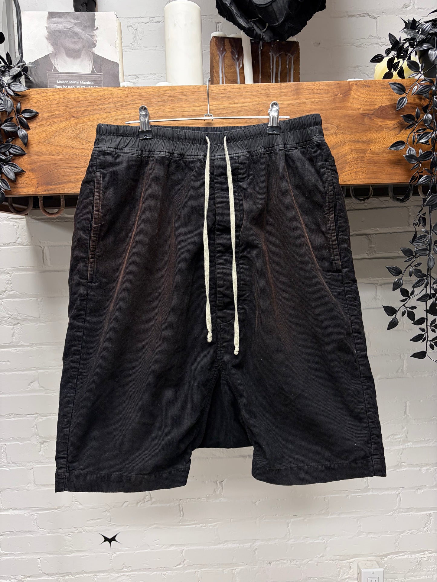 Rick Owens Sun-Bleached Black Corduroy ‘Pod’ Drop Crotch Drawstring Shorts