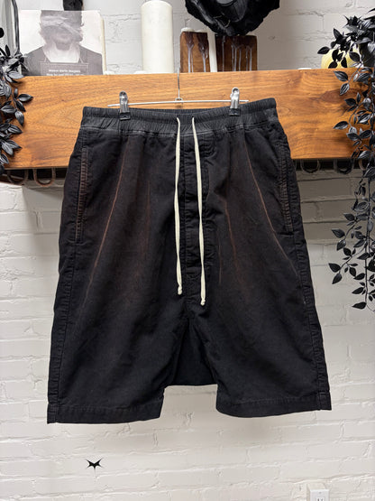 Rick Owens Sun-Bleached Black Corduroy ‘Pod’ Drop Crotch Drawstring Shorts