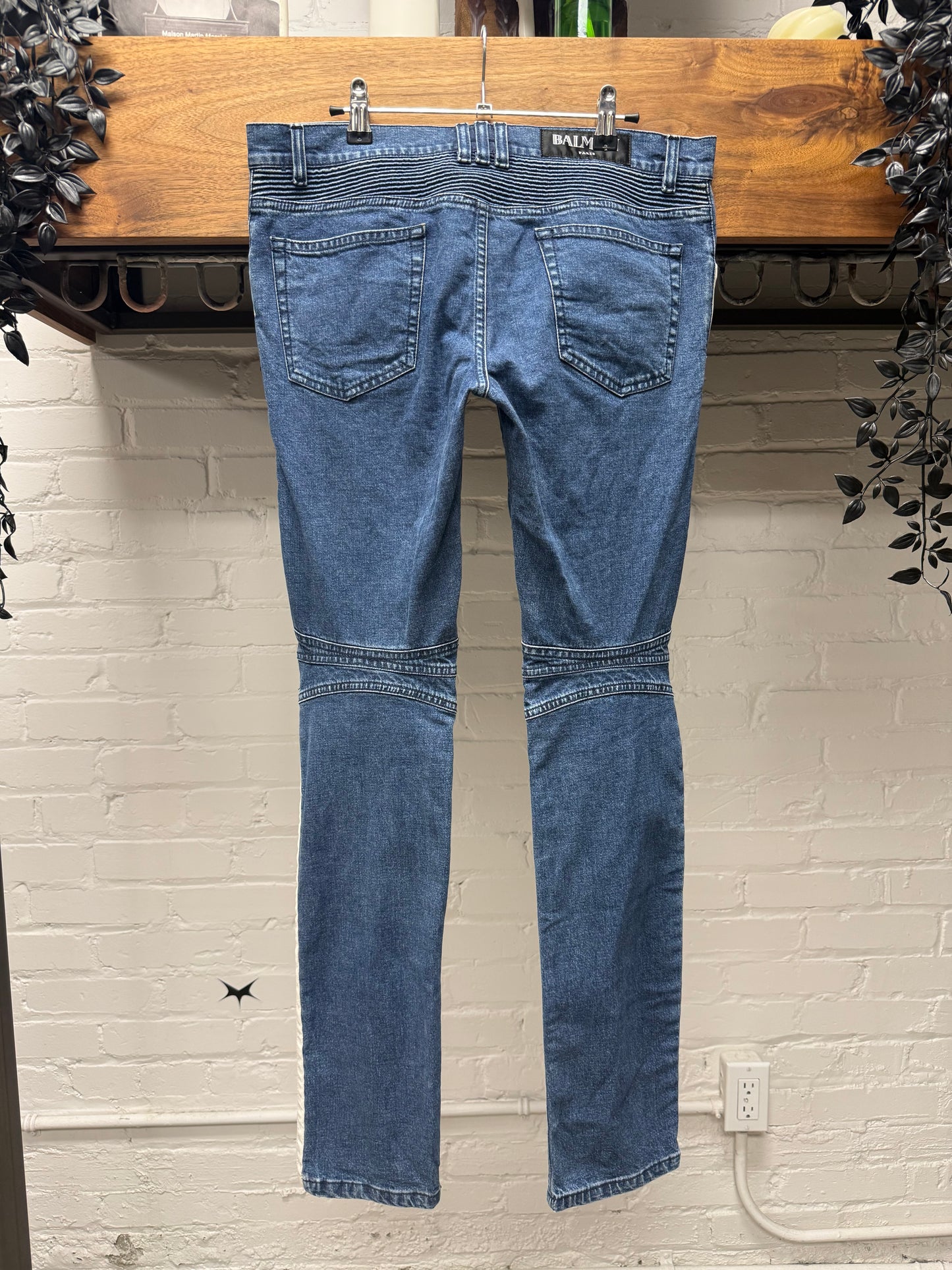 Balmain ‘Racing Stripe’ Orange/White Stripe Blue Biker Skinny Jeans