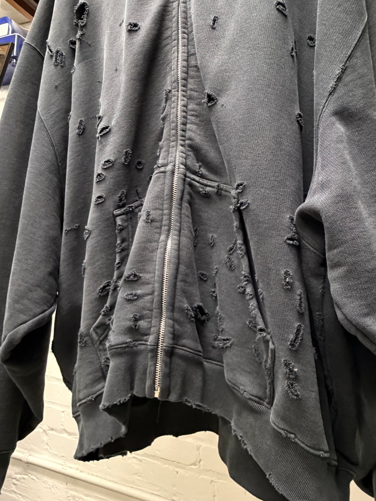 Vetements ‘Hood Embroidered’ Black Thrash Distressed Heavy Cotton Zip-Up Hoodie