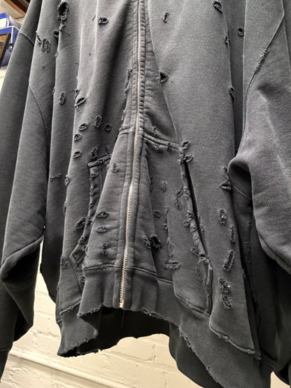 Vetements ‘Hood Embroidered’ Black Thrash Distressed Heavy Cotton Zip-Up Hoodie