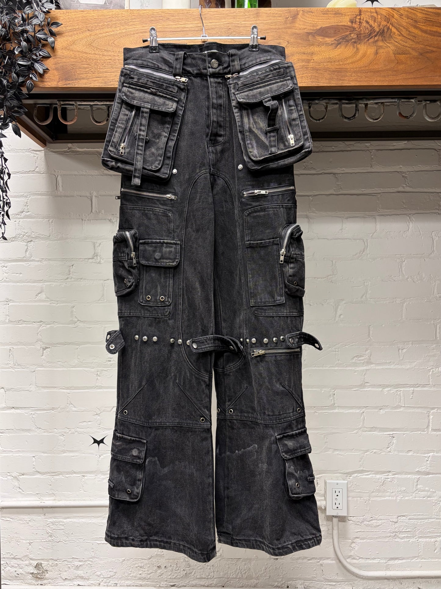 No Faith Studios Stone Wash Flare Pocket Black Cargo Denim