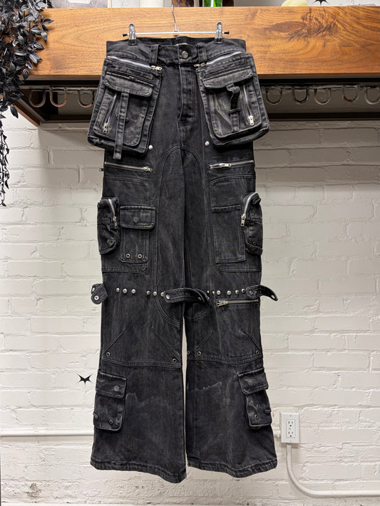 No Faith Studios Stone Wash Flare Pocket Black Cargo Denim