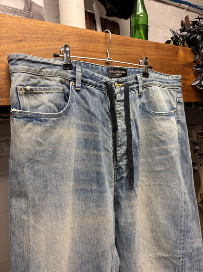 2023 Balenciaga ‘Twist Seam’ Wide Leg Blue Drawstring Denim