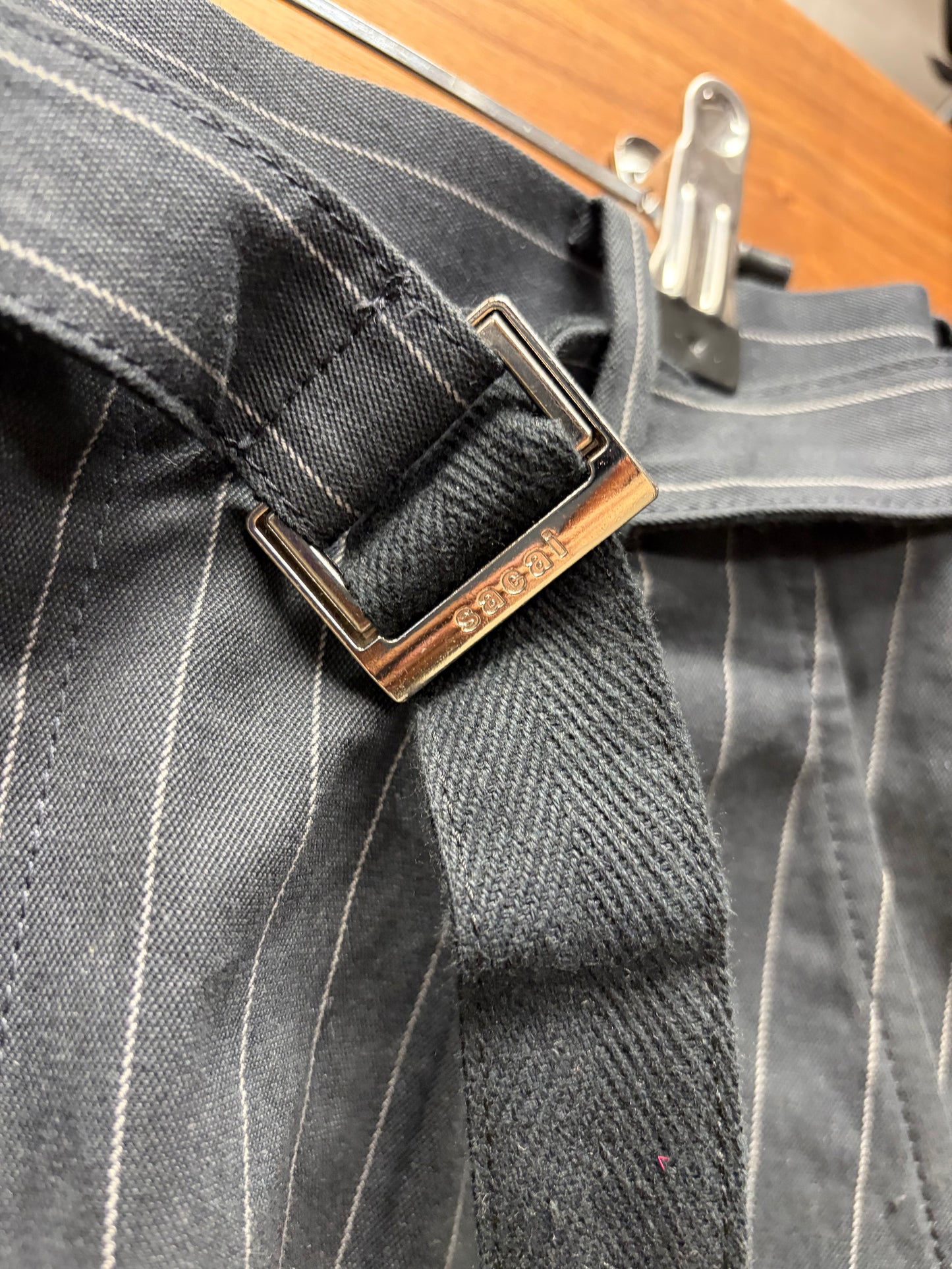 Sacai Belted Grey Pinstripe Pleated Shorts