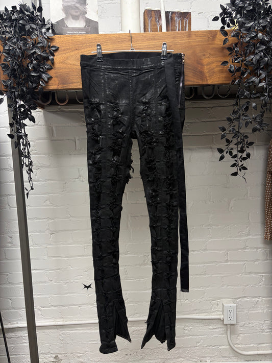 Rick Owens Slashed ‘Slit Front Legging’ Waxed Black Pants