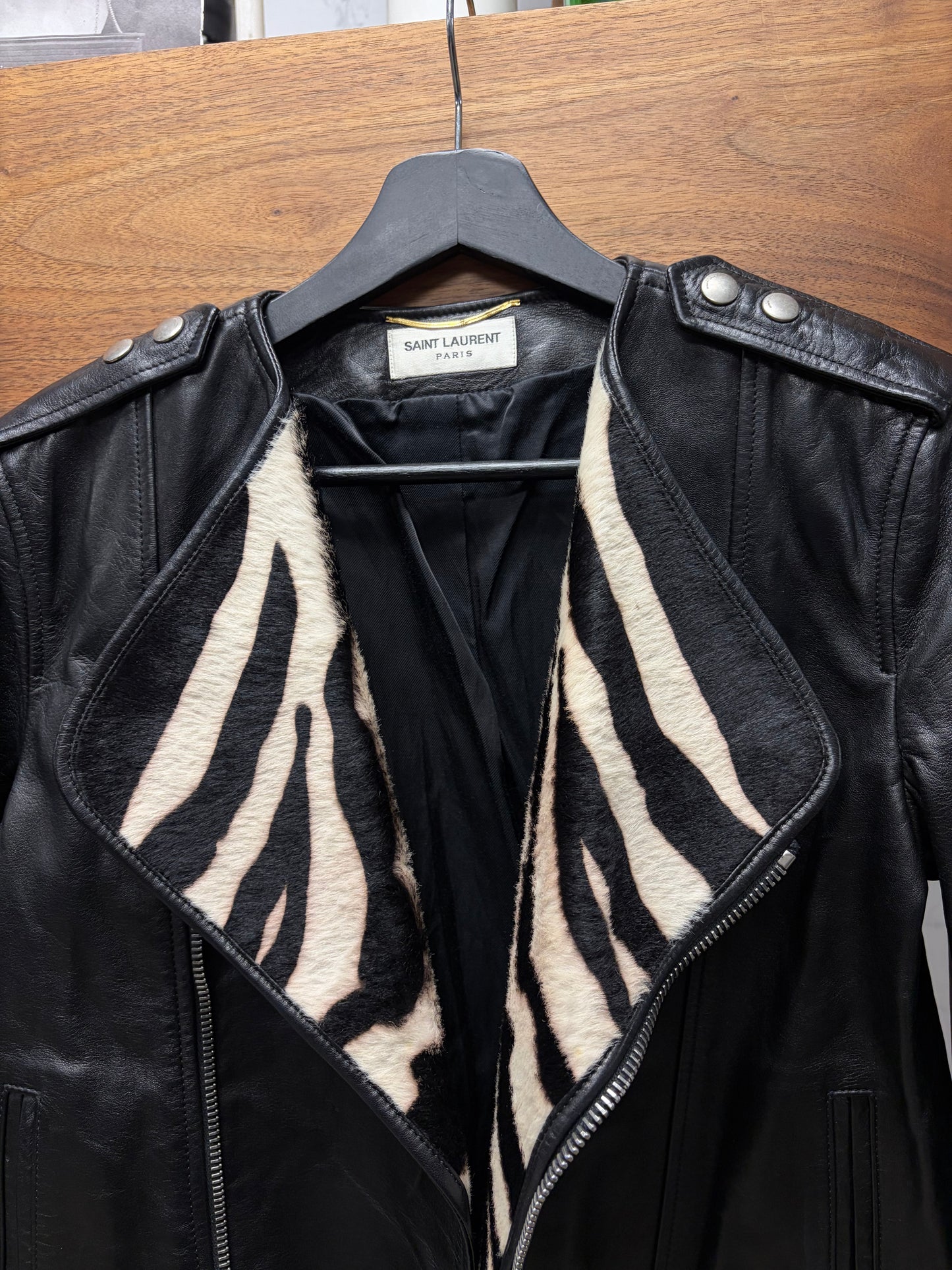 SS2014 Saint Laurent ‘Ponyhair Interior’ Black Calfskin Leather Biker Jacket