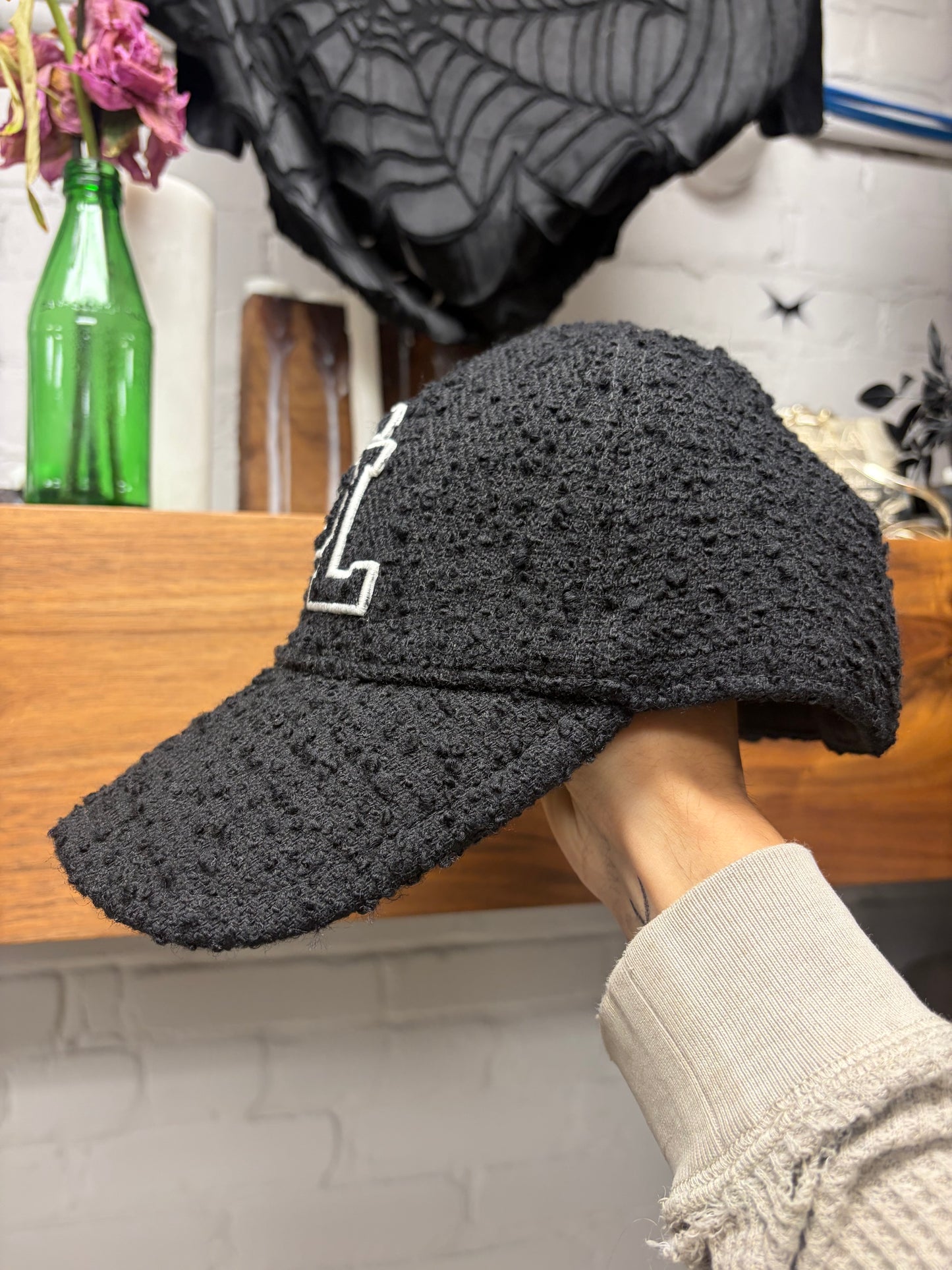Saint Laurent Black ‘Boucle’ Tweed Wool ‘SL’ Chenille Patch Logo Baseball Cap
