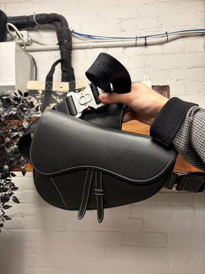 Dior Grained Black Calfskin Leather ‘Saddle Bag’ with Roller Buckle Strap