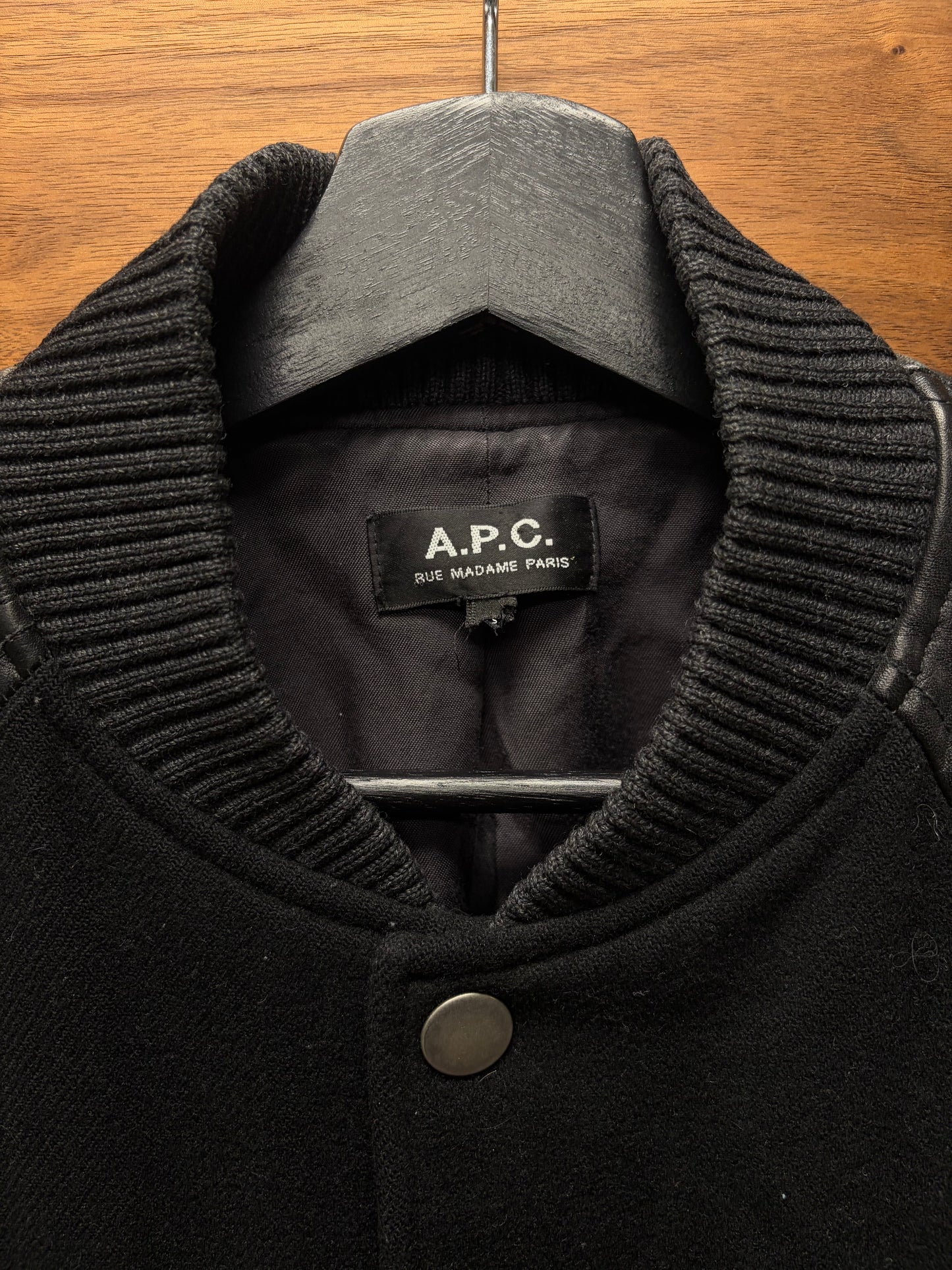 A.P.C. Black Wool/Leather Varsity Bomber Jacket