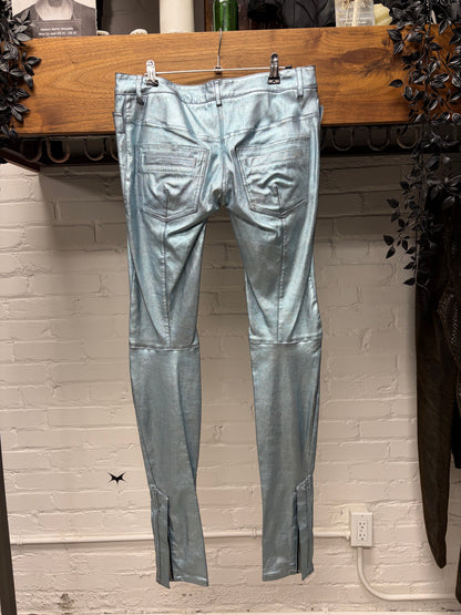 SS2011 Balmain ‘Metallic’ Ice Blue Lambskin Biker Skinny Leather Pants