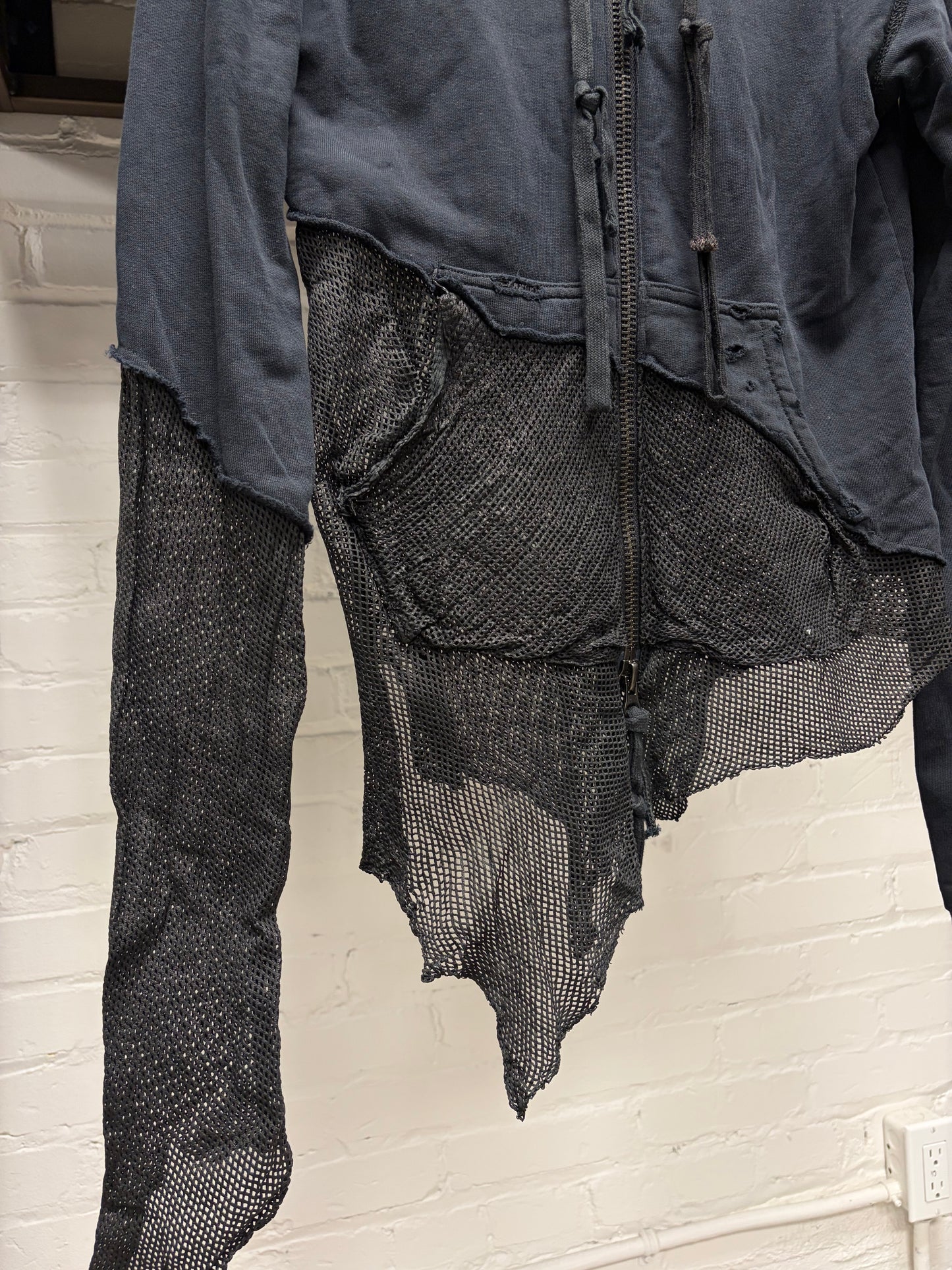 Greg Lauren Perforated Mesh Leather Spliced Hybrid Zip-Up Hoodie