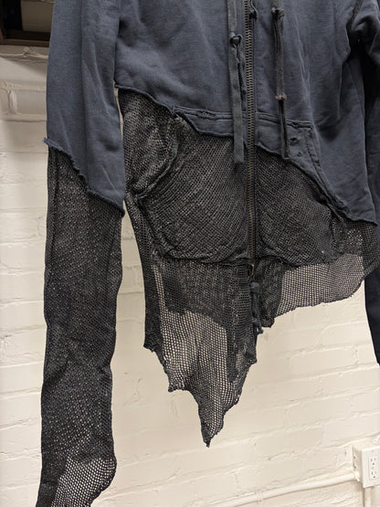 Greg Lauren Perforated Mesh Leather Spliced Hybrid Zip-Up Hoodie