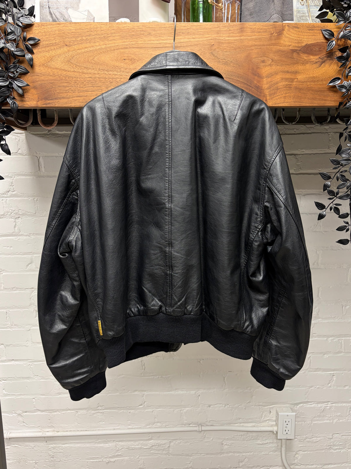 Vintage 80s Giorgio Armani Black Leather Bomber Jacket with Quilted Liner