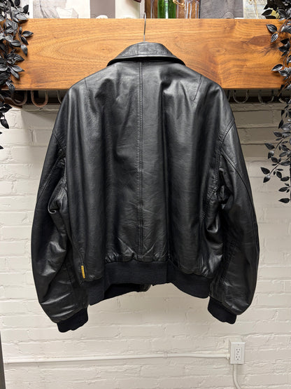 Vintage 80s Giorgio Armani Black Leather Bomber Jacket with Quilted Liner