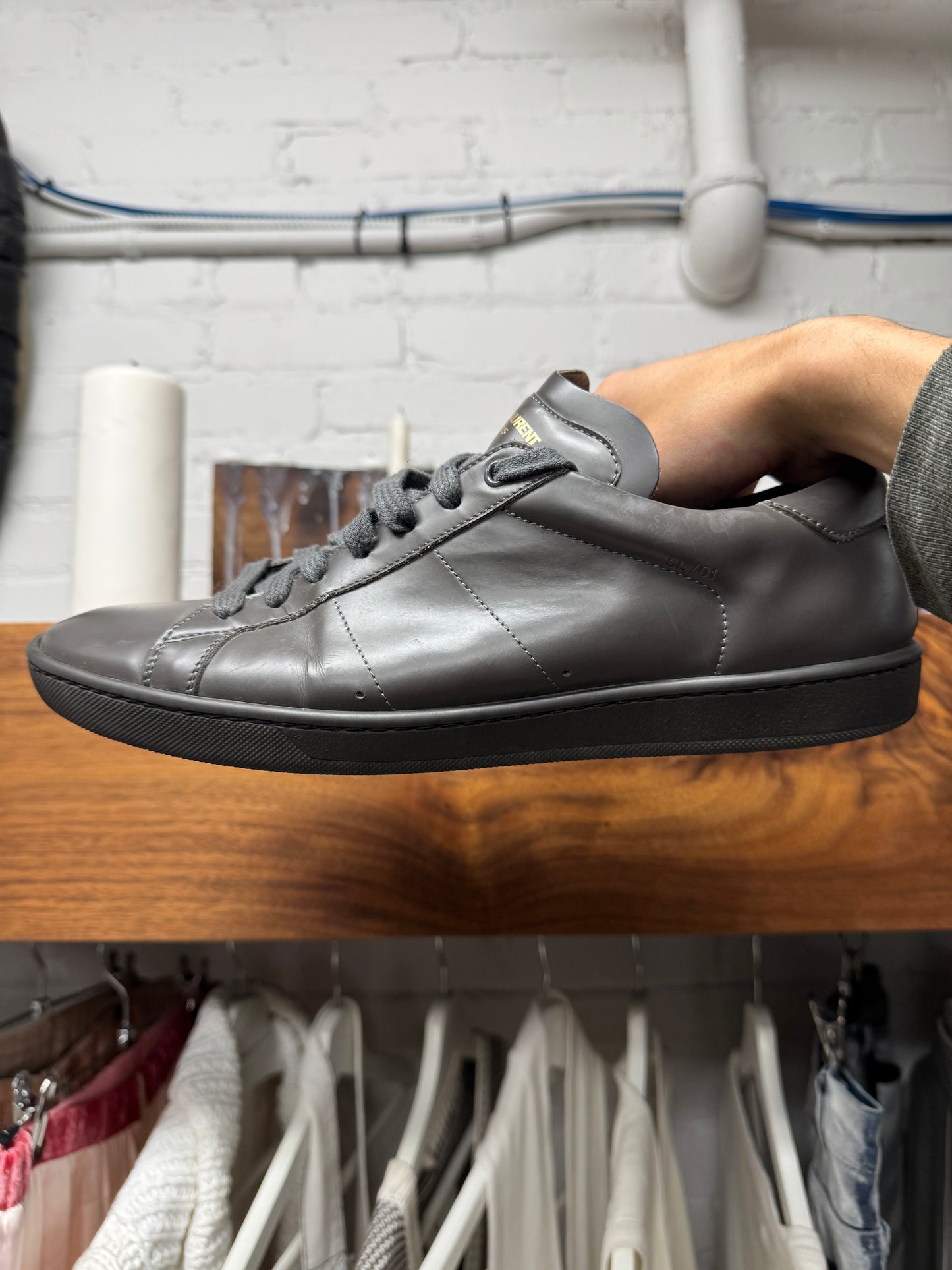 Saint Laurent SL/01 Grey Leather Low Top Sneakers