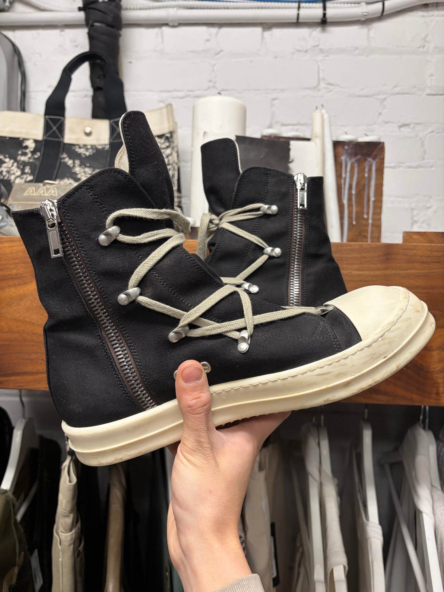 Rick Owens Pentagram Lace ‘Ramones’ Black Canvas High Top Sneakers