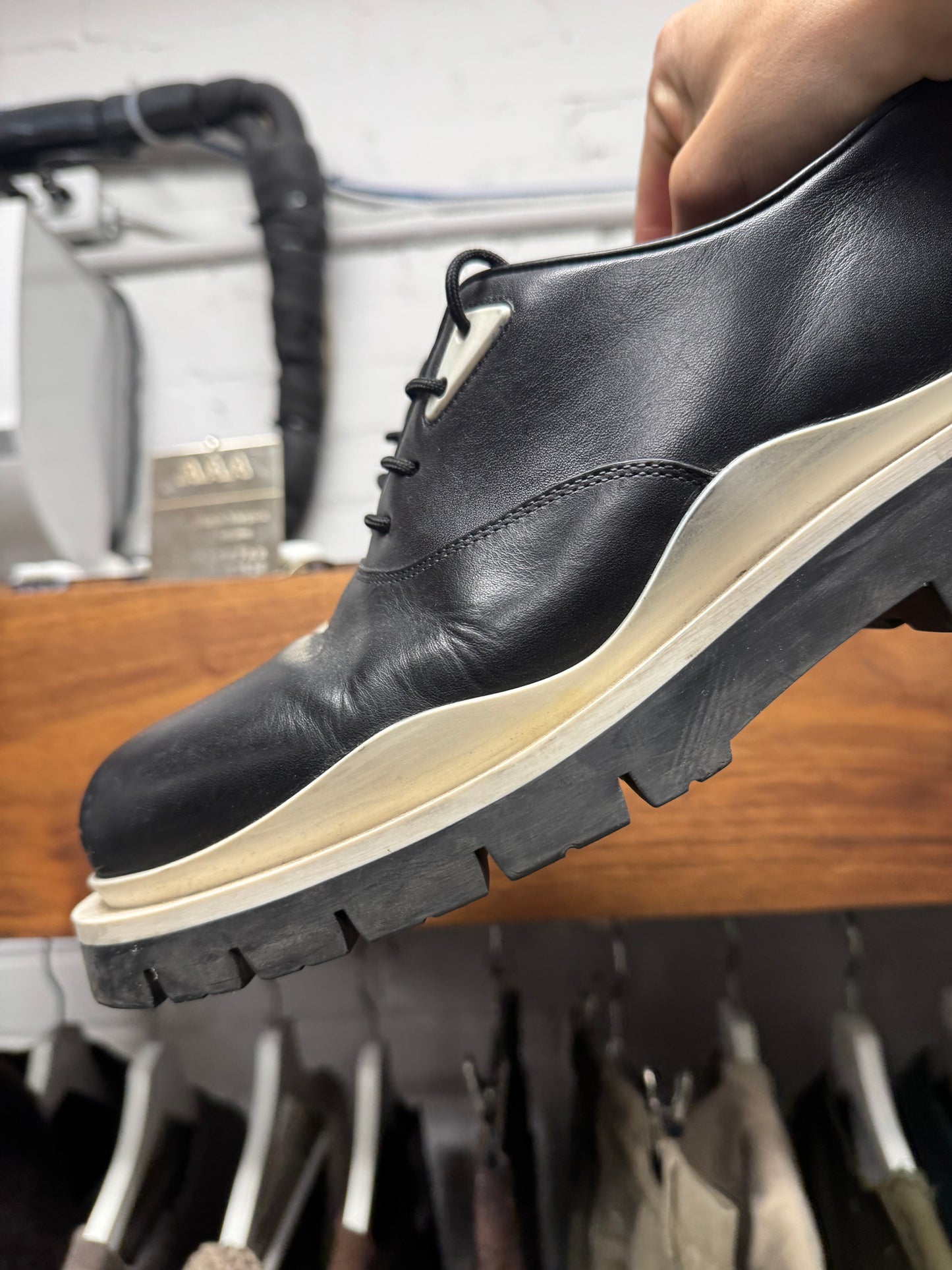 Bottega Veneta ‘Tire’ Black/Cream Calfskin Leather Derbys