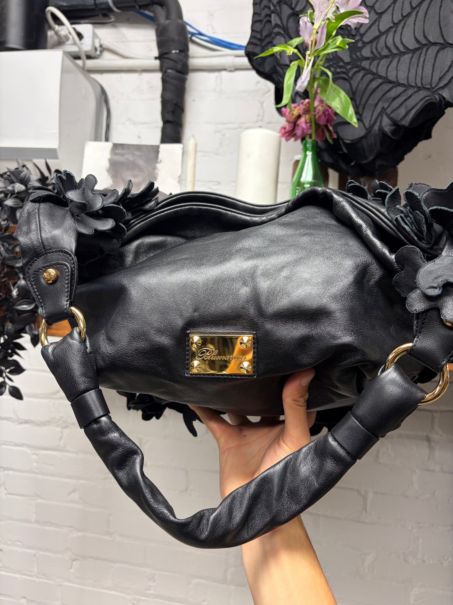 Blumarine Black Leather ‘Flower Appliqué’ Hobo Bag
