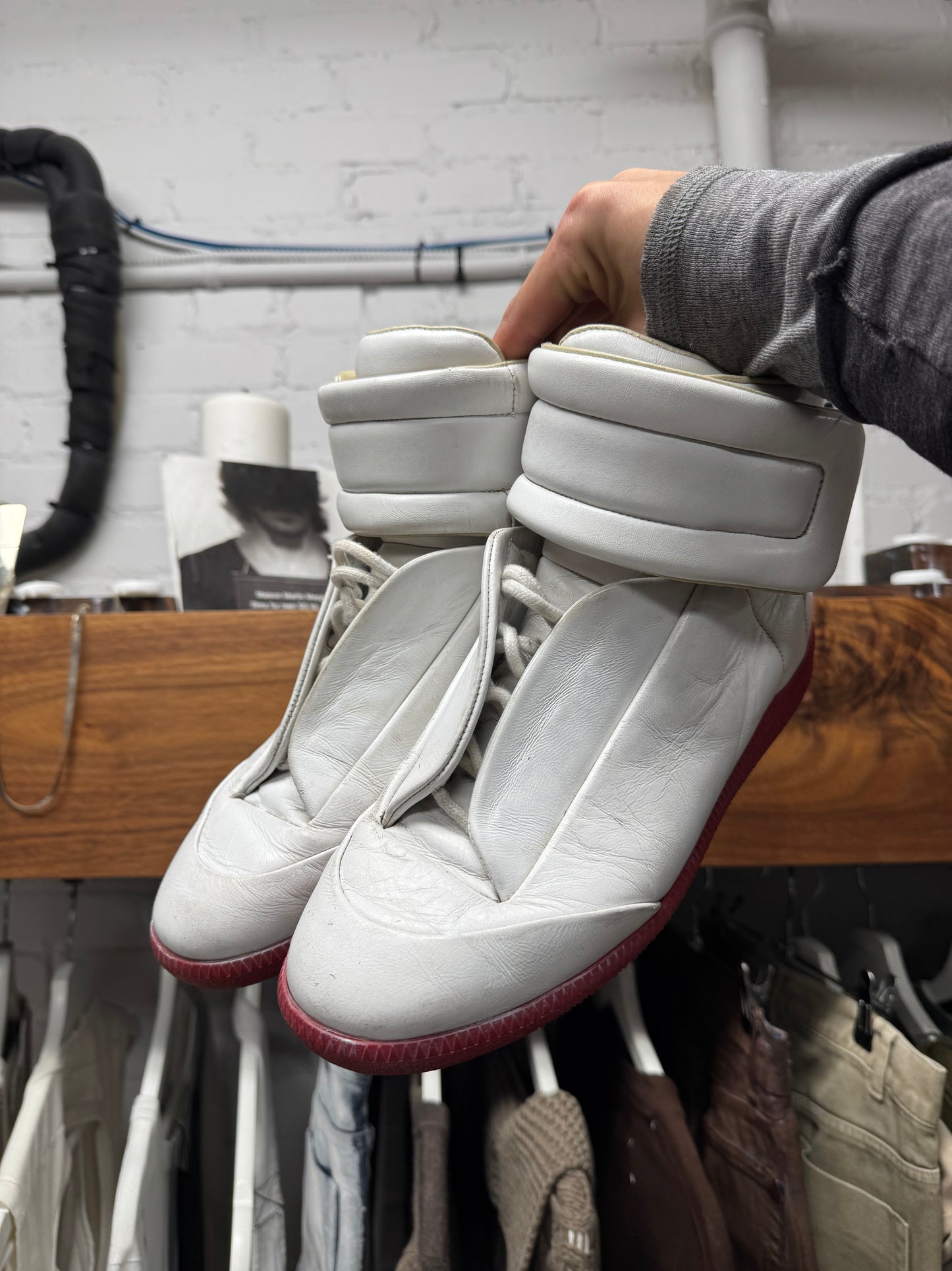Maison Margiela ‘Future’ White Leather/Red Sole High Top Sneakers