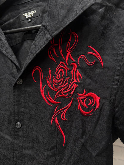 Tornado Mart Embroidered ‘Rose’ Short Sleeve Black/Red Button Up Shirt