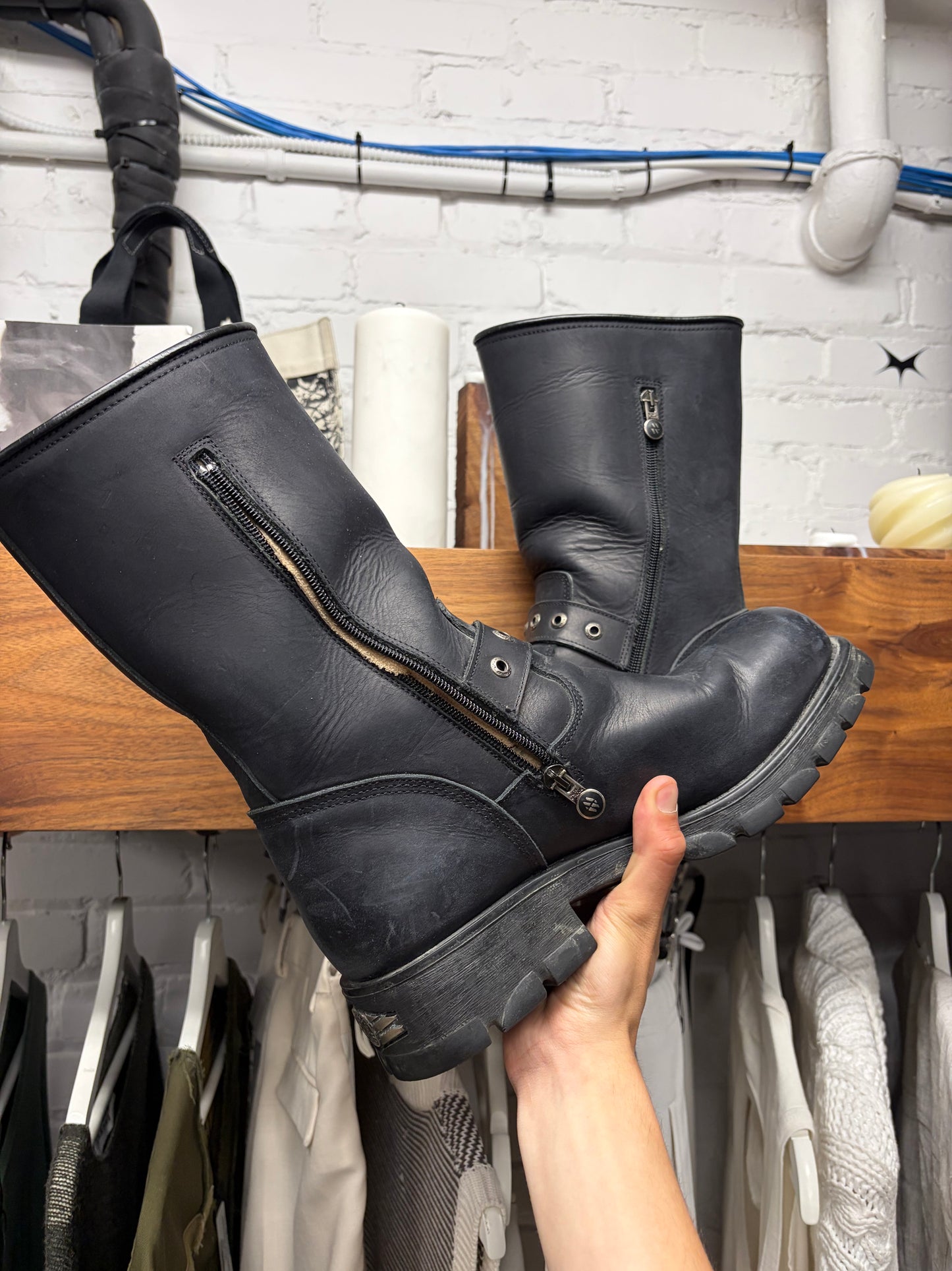 New Rock Black Calfskin Leather ‘Engineer’ Boots