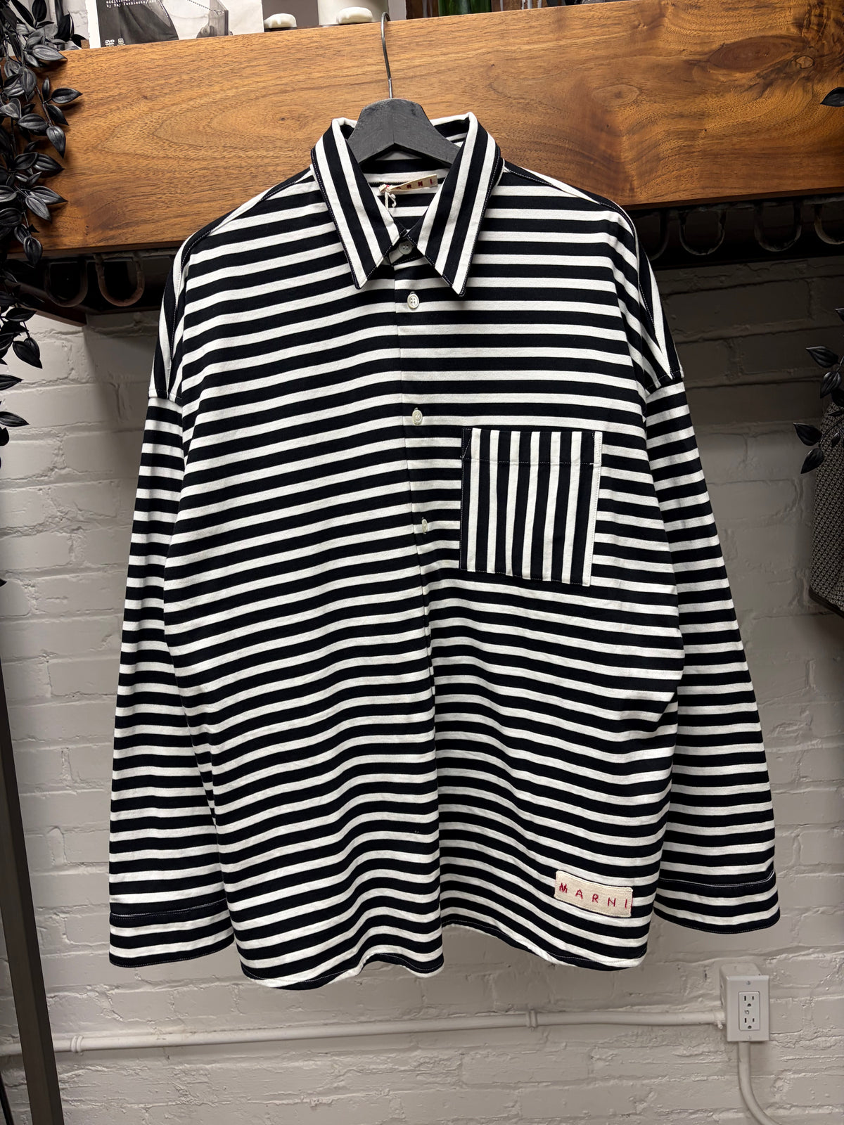 Marni Striped Black/White Patch Logo Button Up Shirt