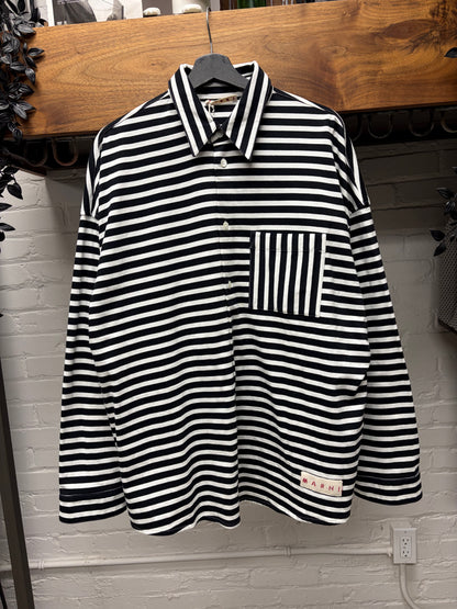 Marni Striped Black/White Patch Logo Button Up Shirt
