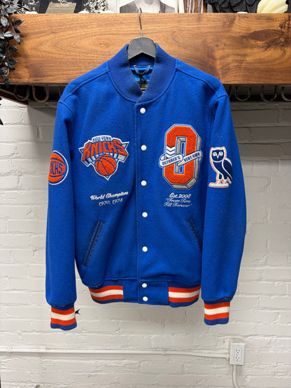 OVO New York Knicks Chenille Patch Blue/Orange Varsity Jacket