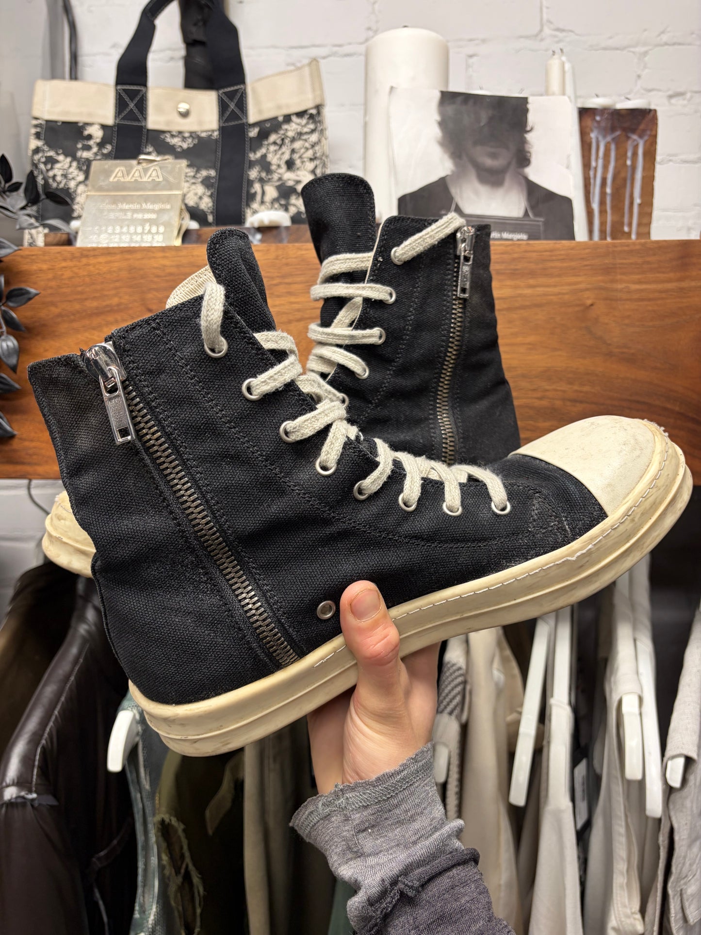 Rick Owens DRKSHDW Black Canvas ‘Ramones’ High Top Sneakers
