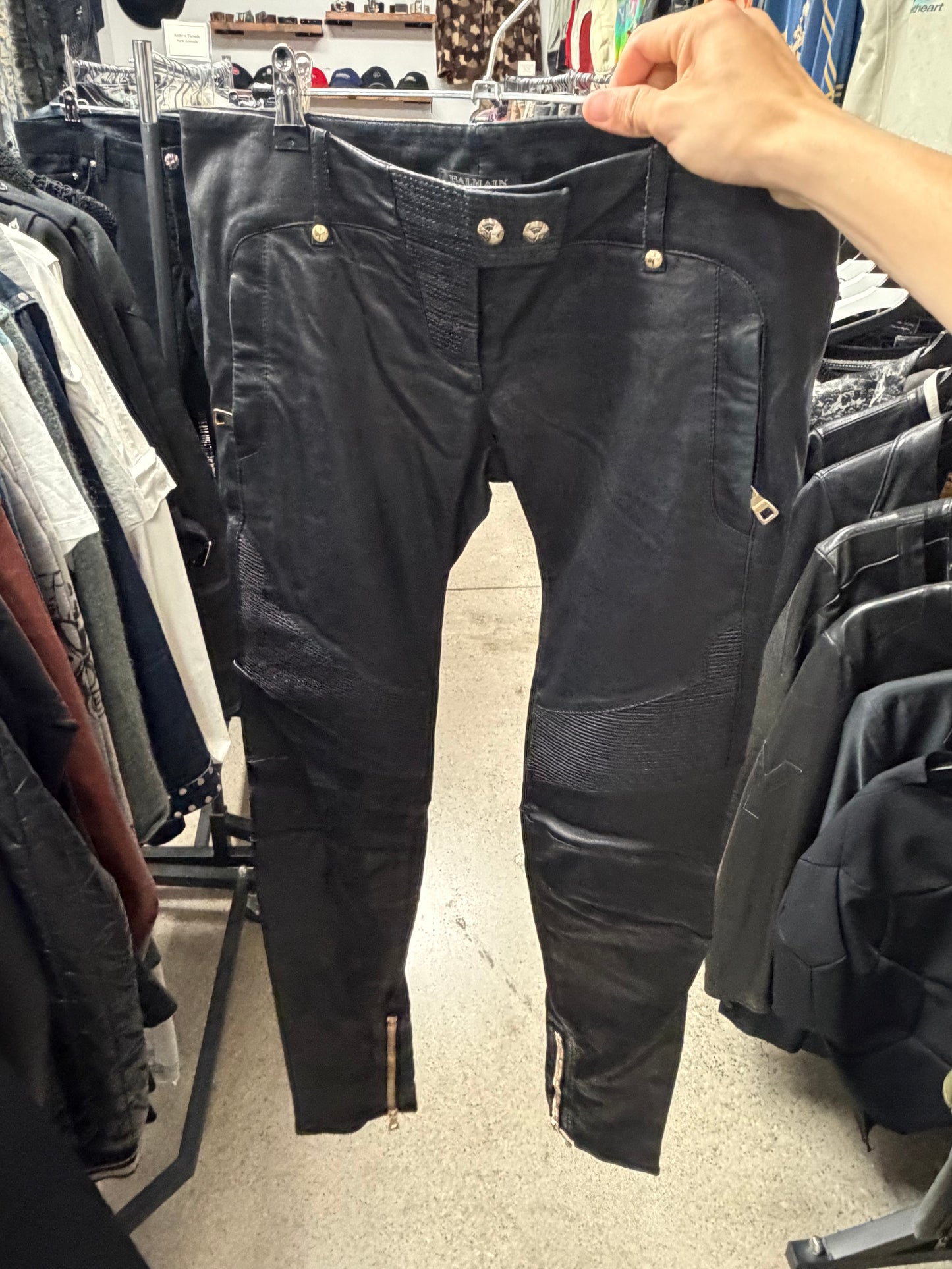 Balmain Black ‘Biker Knee’ Leather Moto Pants with Gold Hardware