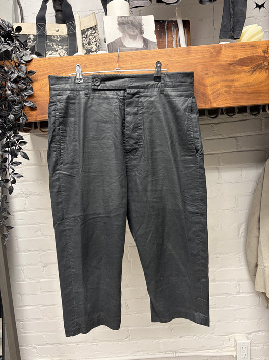 SS2016 Rick Owens ‘Cyclops’ Mainline Waxed Black Drop Crotch Cropped Trousers