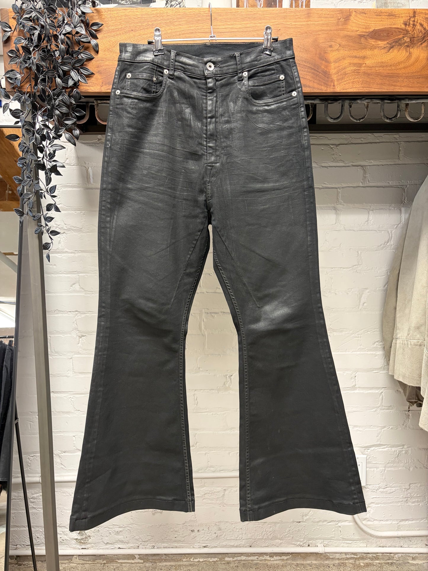 Rick Owens ‘Bolans’ Waxed Black Flared Leg Denim