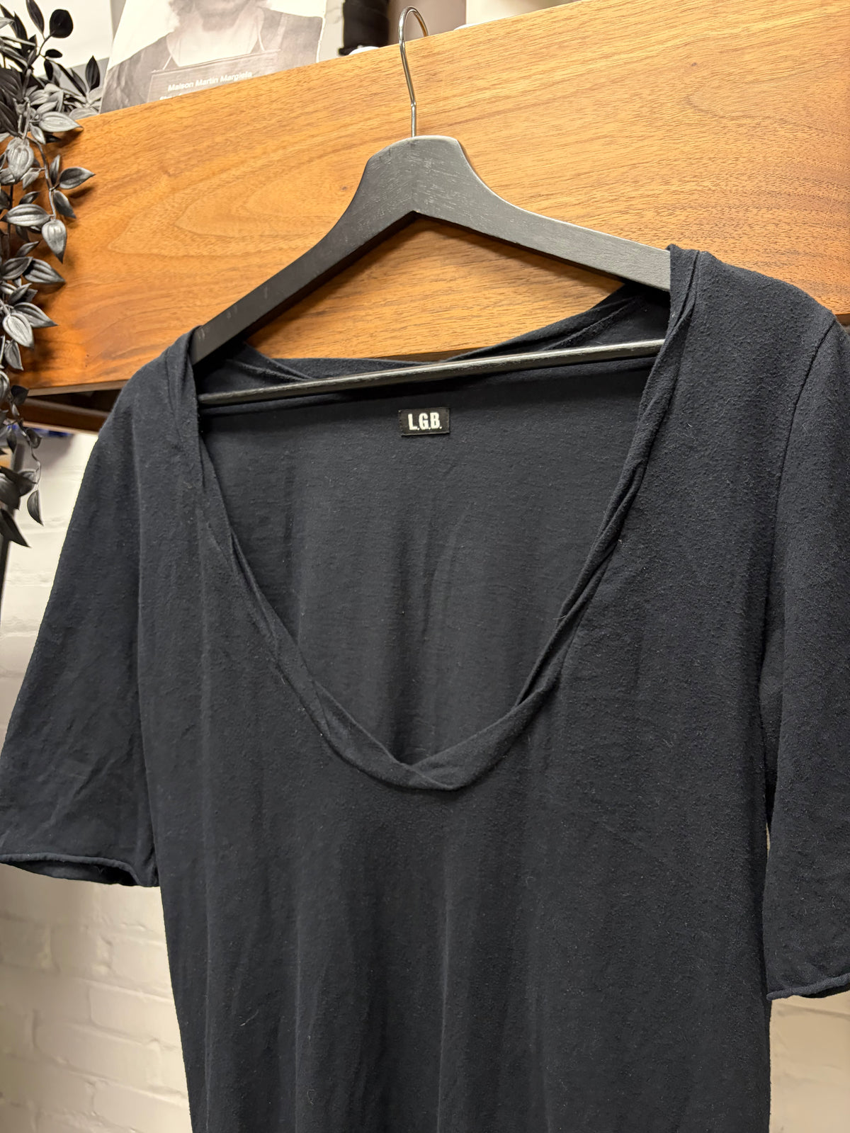 L.G.B. ‘Twisted Collar’ Black Cotton Scoop Neck Short Sleeve Shirt