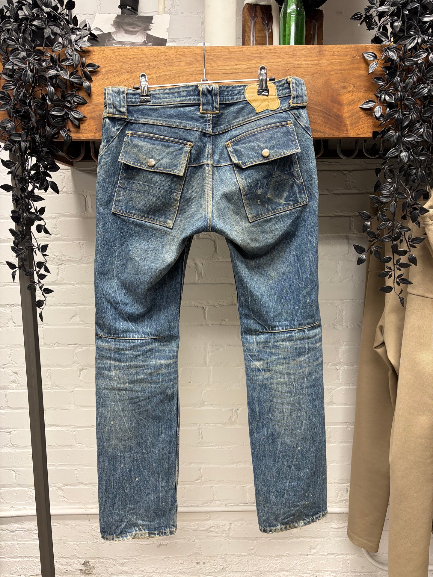 AW2009 Number (N)ine Dirt Washed Blue ‘Crying Heart’ Leather Patch Blue Skinny Cargo Denim