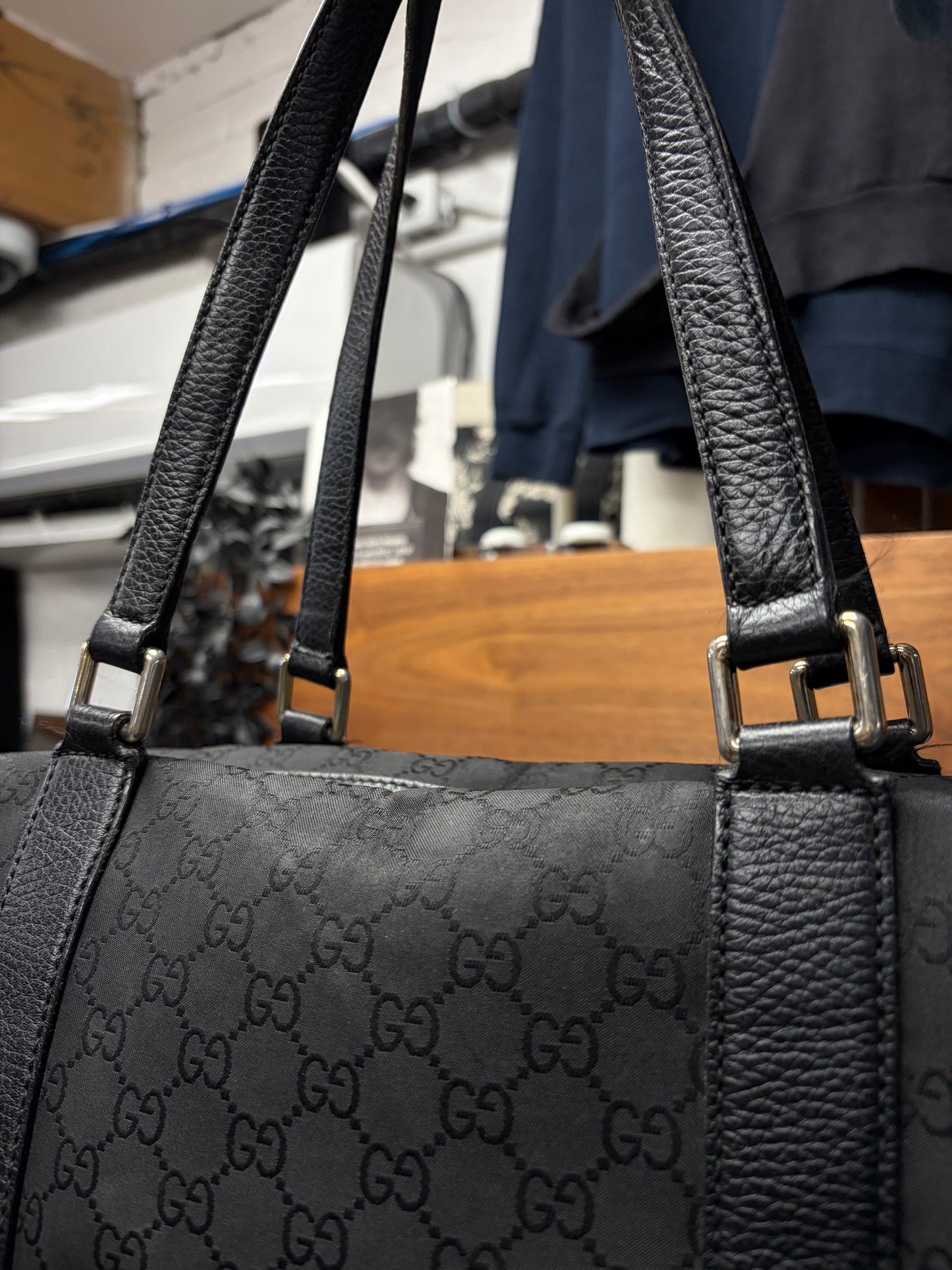 2000s Gucci ‘Guccisima’ Black Canvas Monogram Shoulder Bag with Pink Horsebit Interior