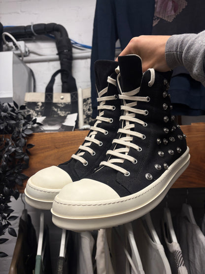Rick Owens ‘Ramones’ Studded Eyelet Black Canvas High Top Sneakers
