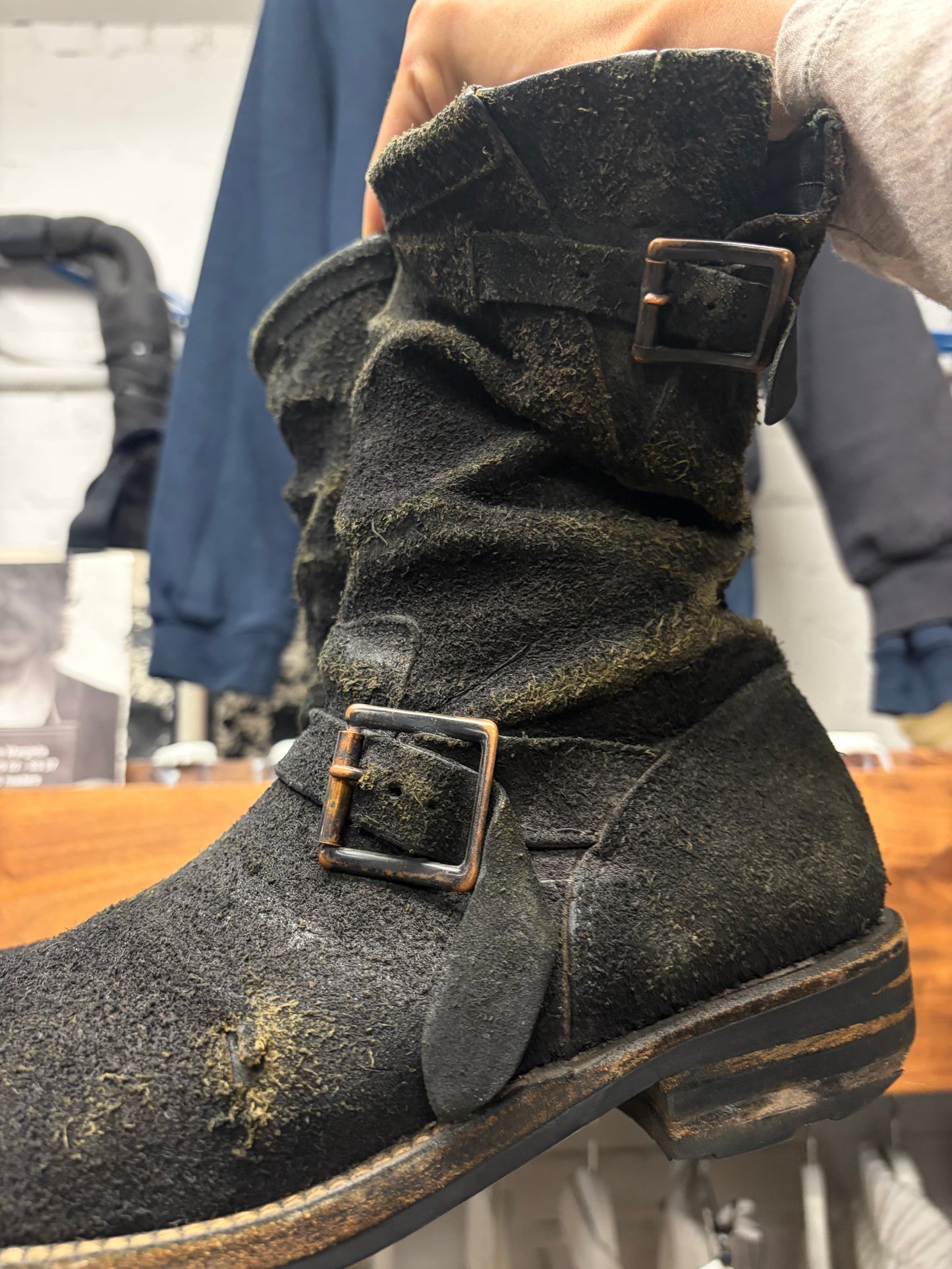 Isamu Katayama Backlash Blistered Suede ‘Engineer’ Black Leather Boots