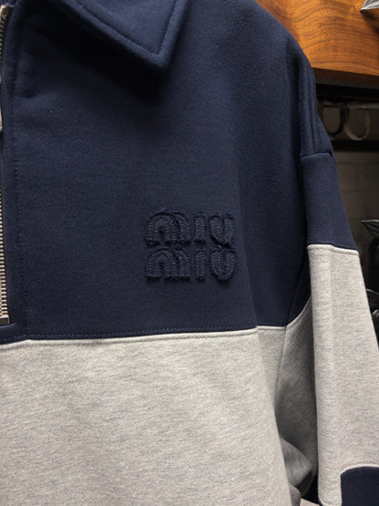 Miu Miu Quarter Zip Grey/Navy Blue ‘Rugby’ Striped 1/4 Zip Sweatshirt