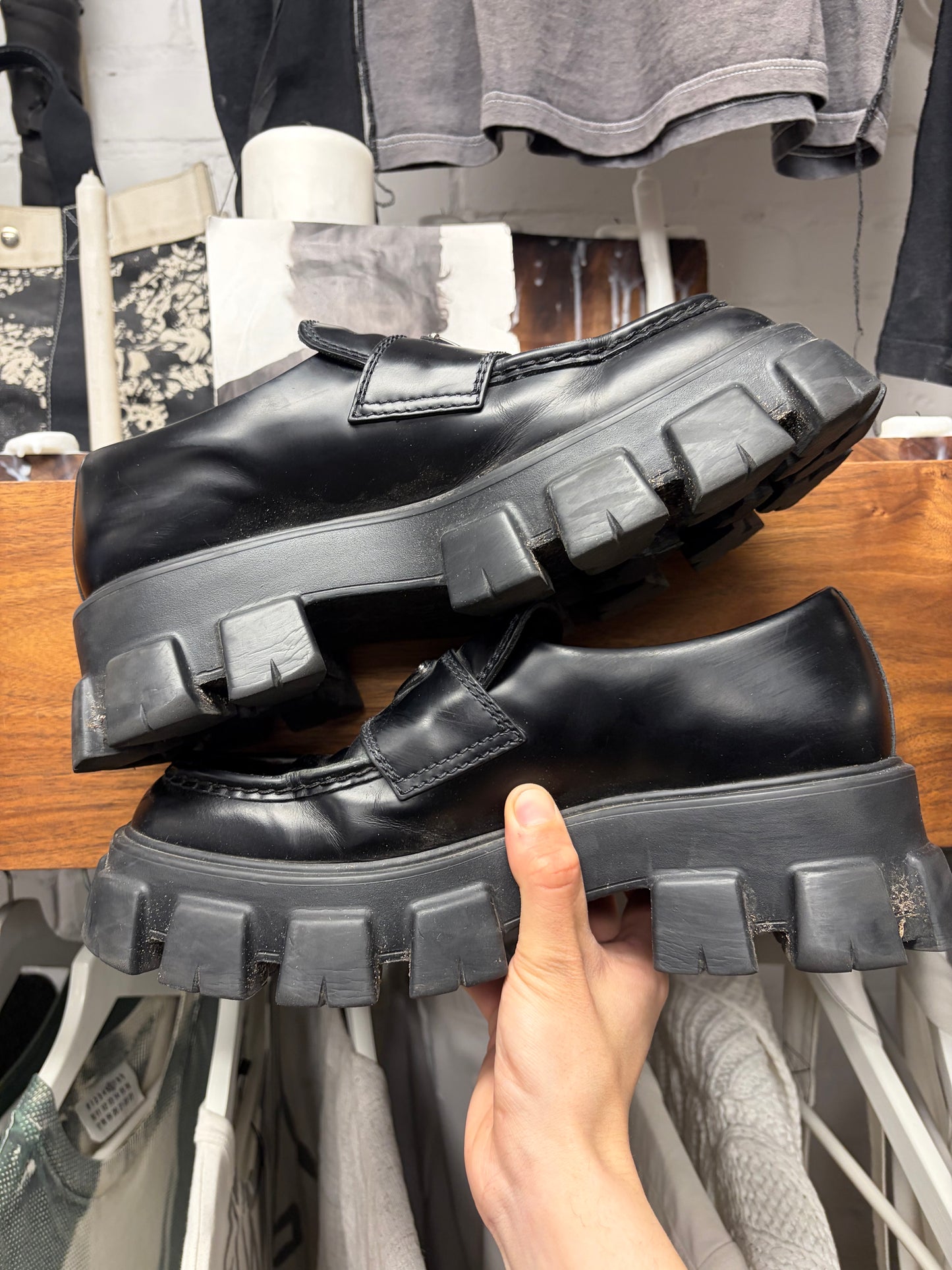 Prada ‘Monolith’ Black Tractor Sole Patent Leather Derbys