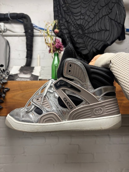 Gucci ‘Basket’ Metallic Silver/Black Leather High Top Sneakers