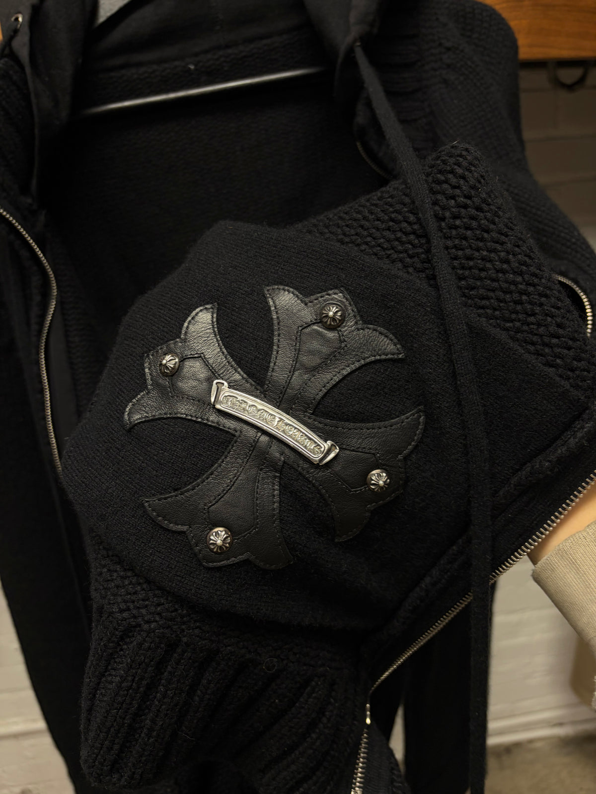 Chrome Hearts Custom Order Cashmere/Leather Cross Patch .925 Silver Zip-Up Knit Hooded Sweater
